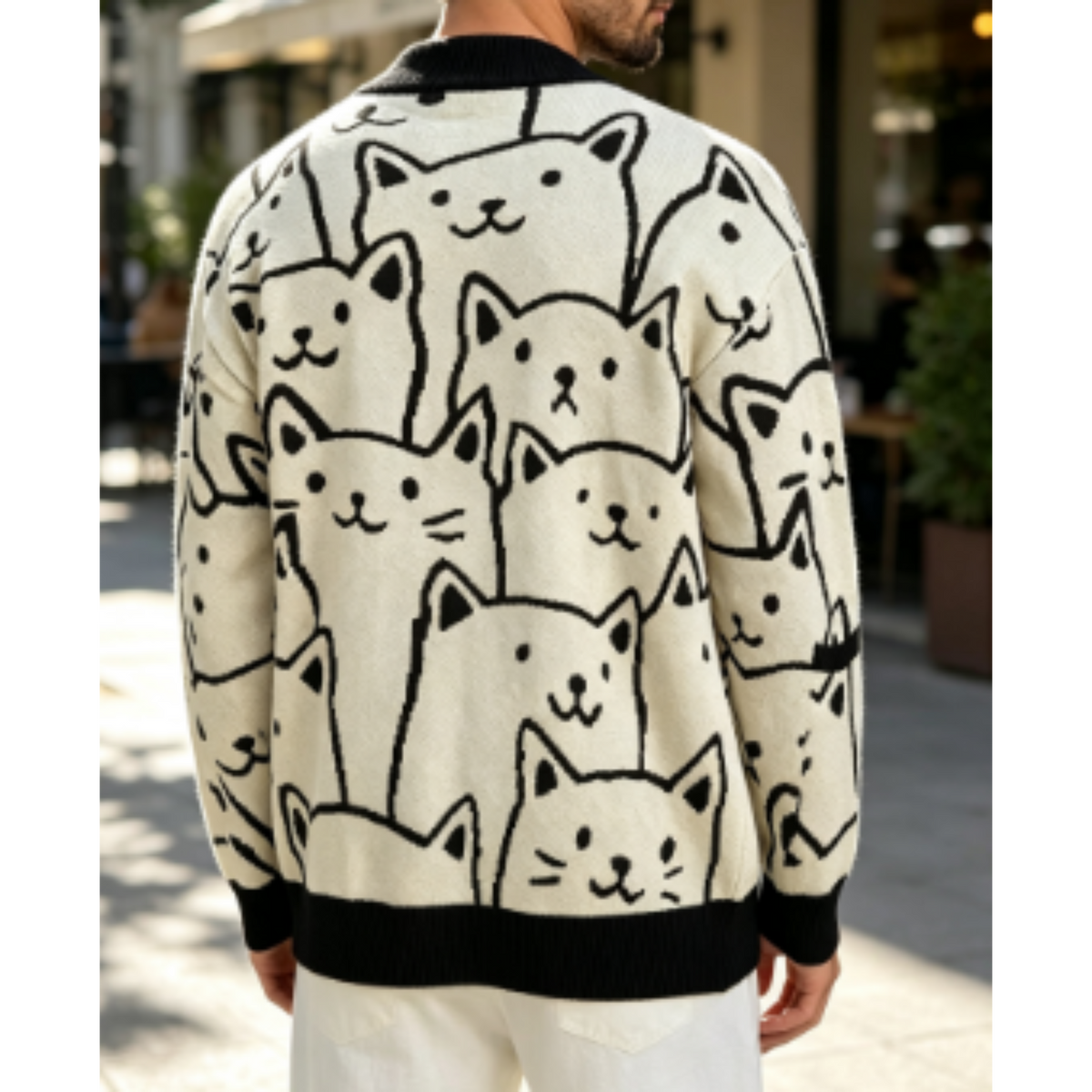 Cartoon Cat Print Men’s Knit Sweater