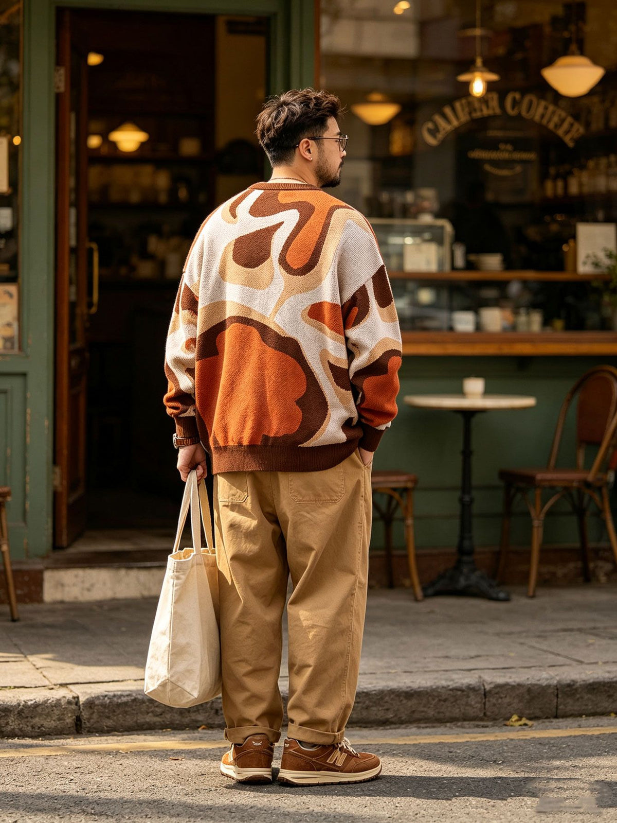 Retro Abstract Curved Print Men’s Crew Neck Sweater