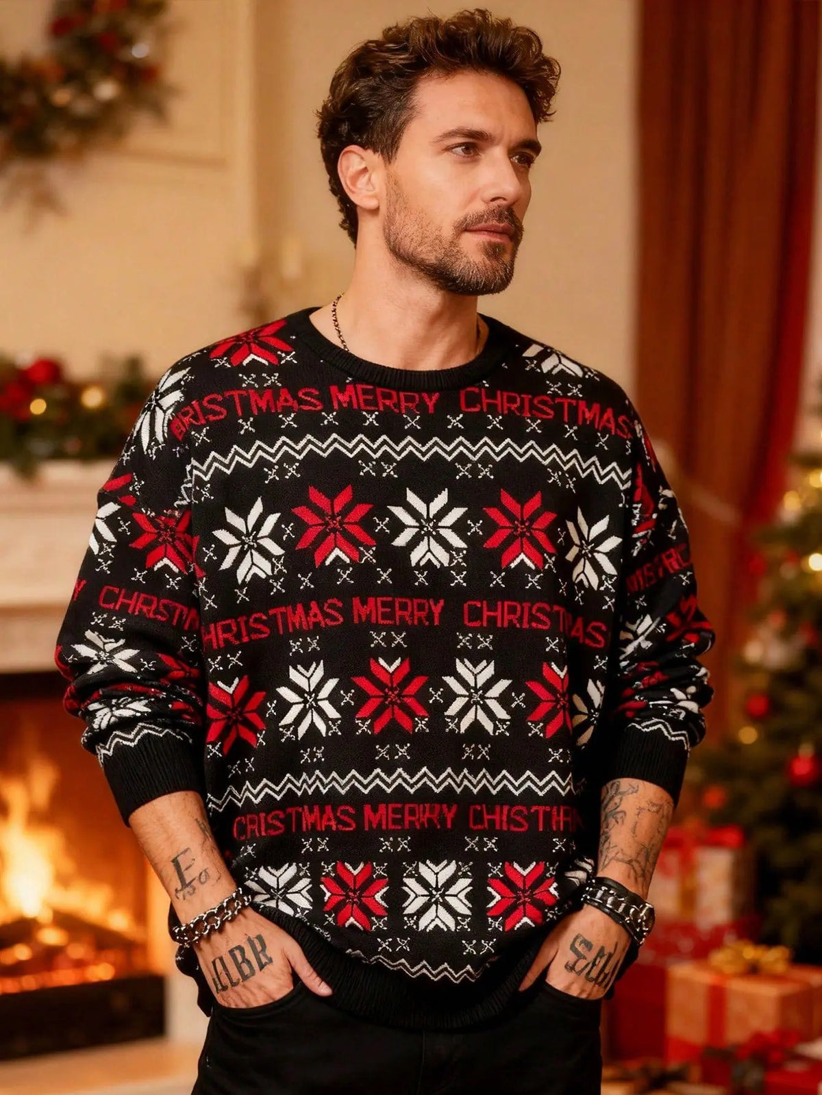 Men'S Merry Christmas Snowflake Jacquard Crew Neck Sweater
