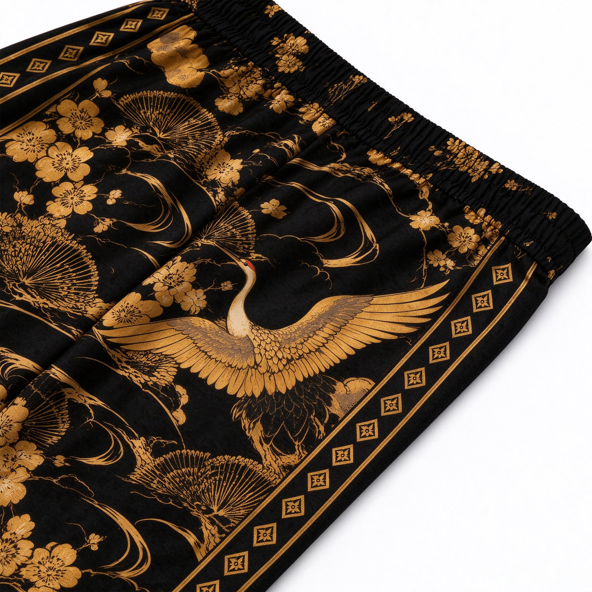 Flying cranes with gold patterns on a black background Print Casual Trousers With Elastic Waistband