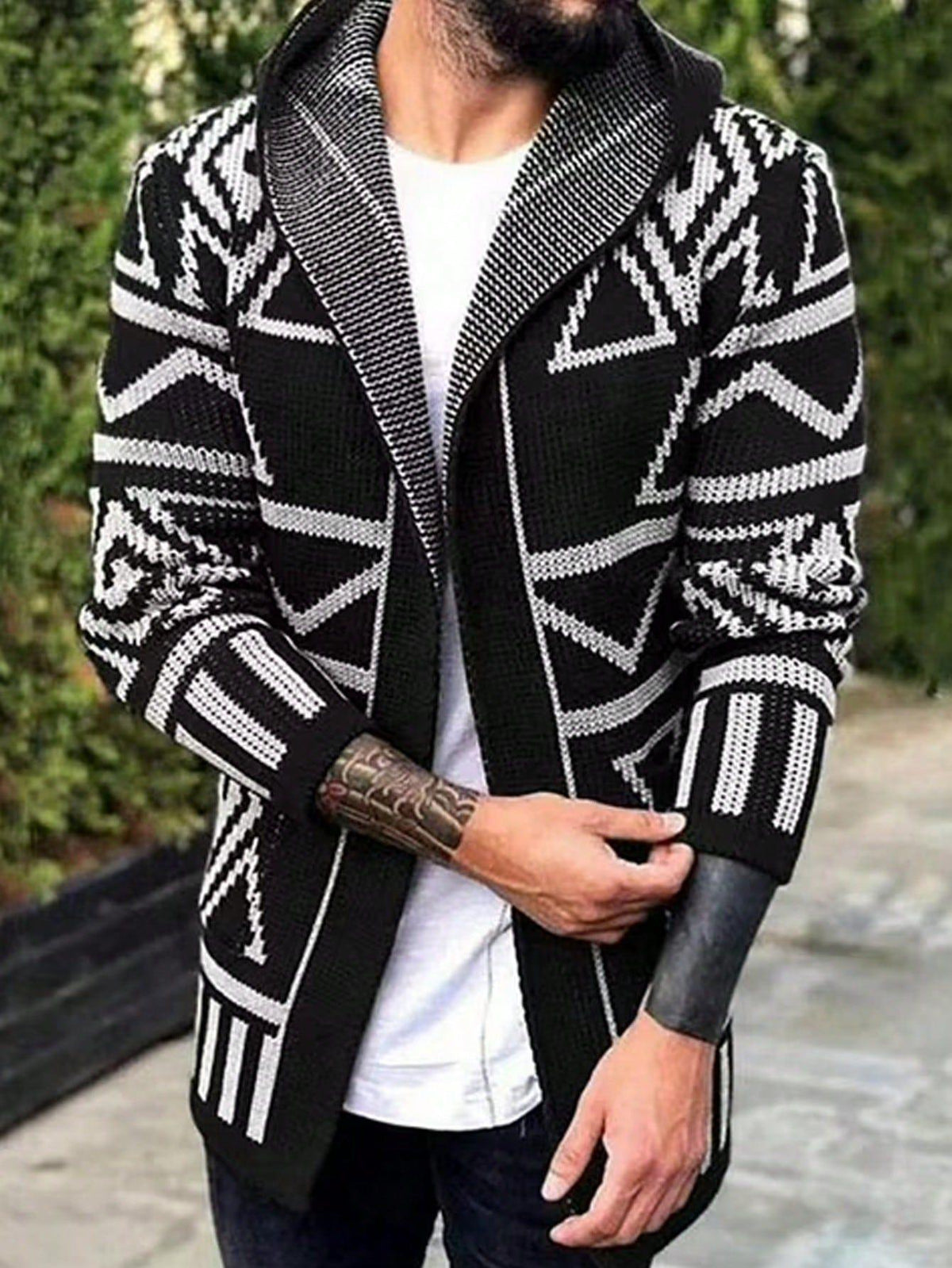 Ethnic Geometric Pattern Hooded Cardigan,