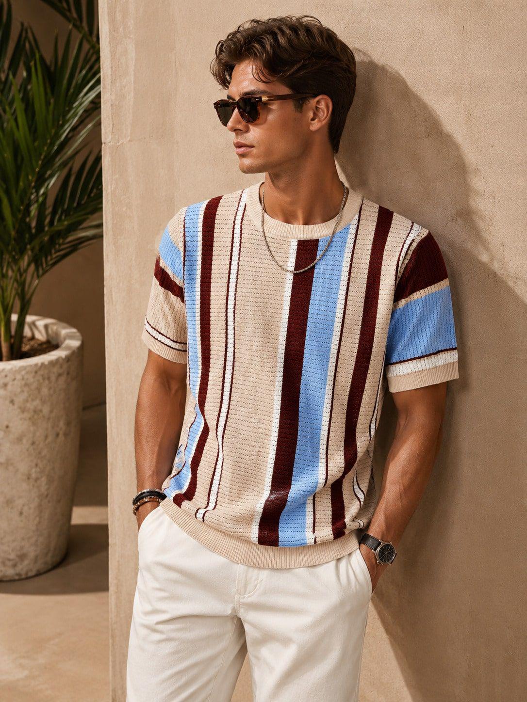 Men's Crew Neck Vertical‑Stripe Short‑Sleeve Knit Top
