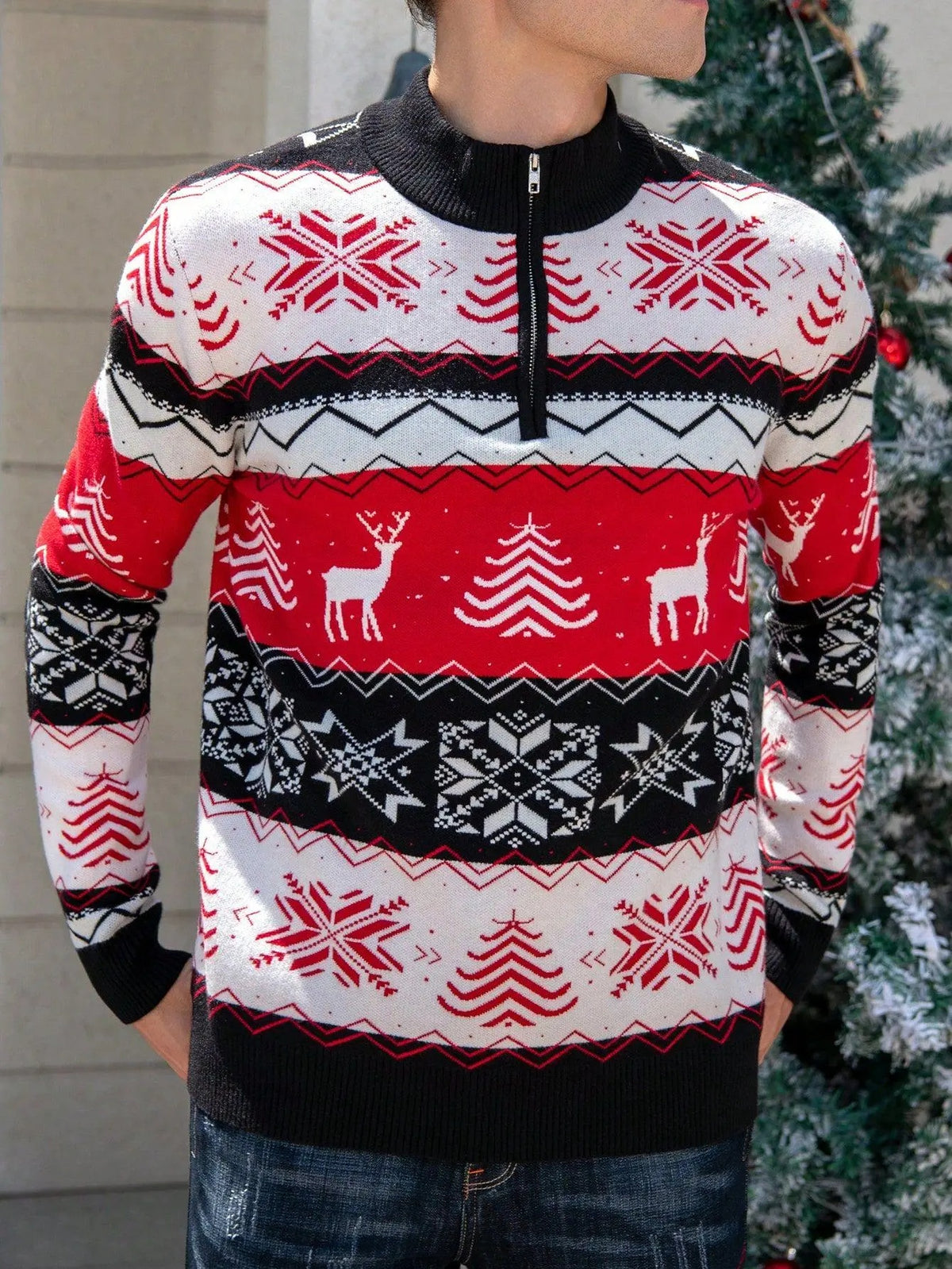 Men'S Christmas Reindeer Snowflake Zip Collar Sweater