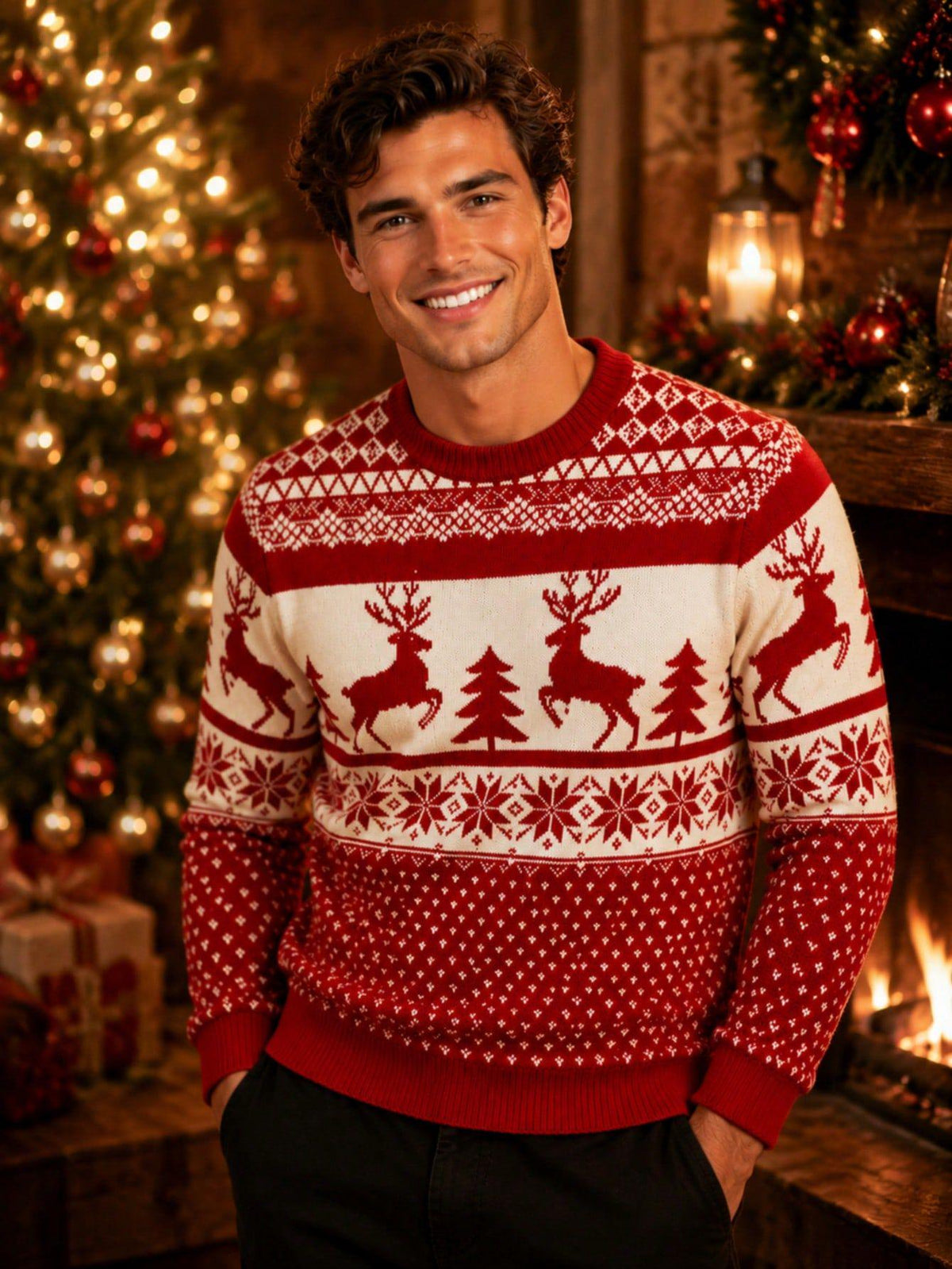 Men's Christmas Reindeer Snowflake Knit Sweater