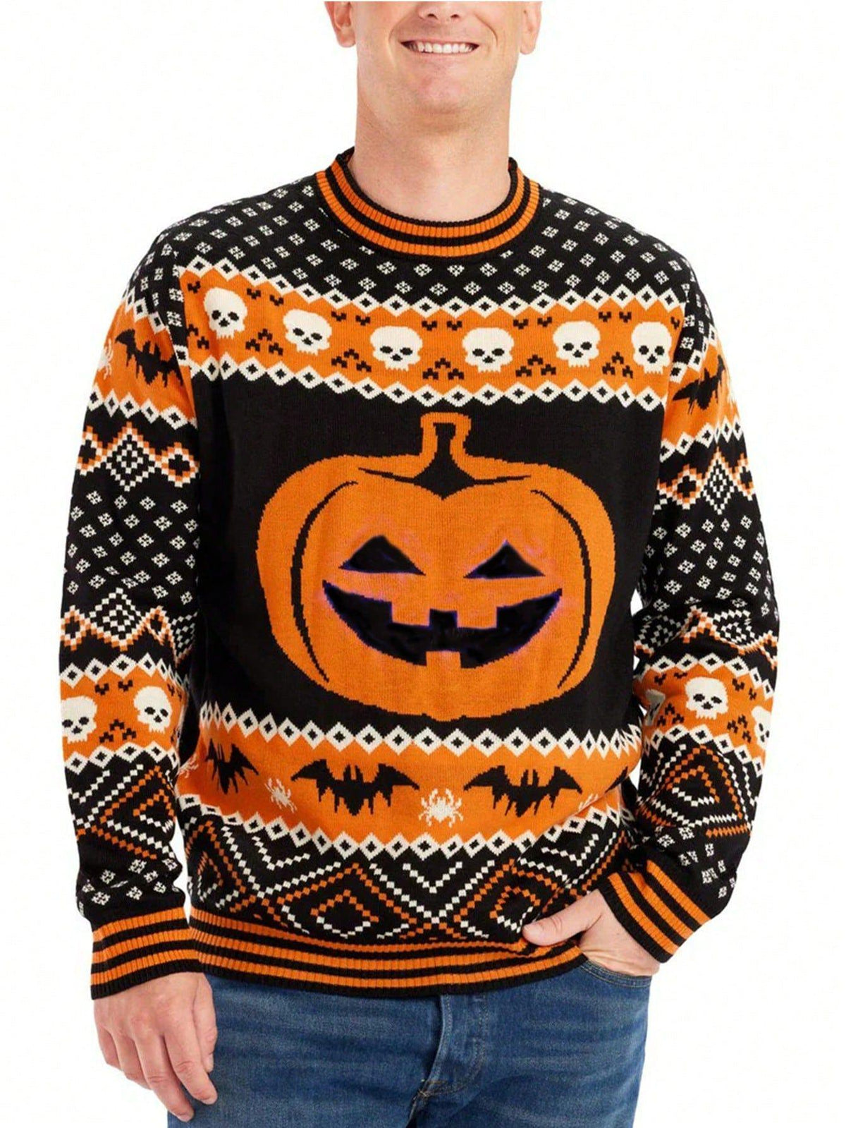 Men'S Halloween Pumpkin Skull Print Knit Sweater