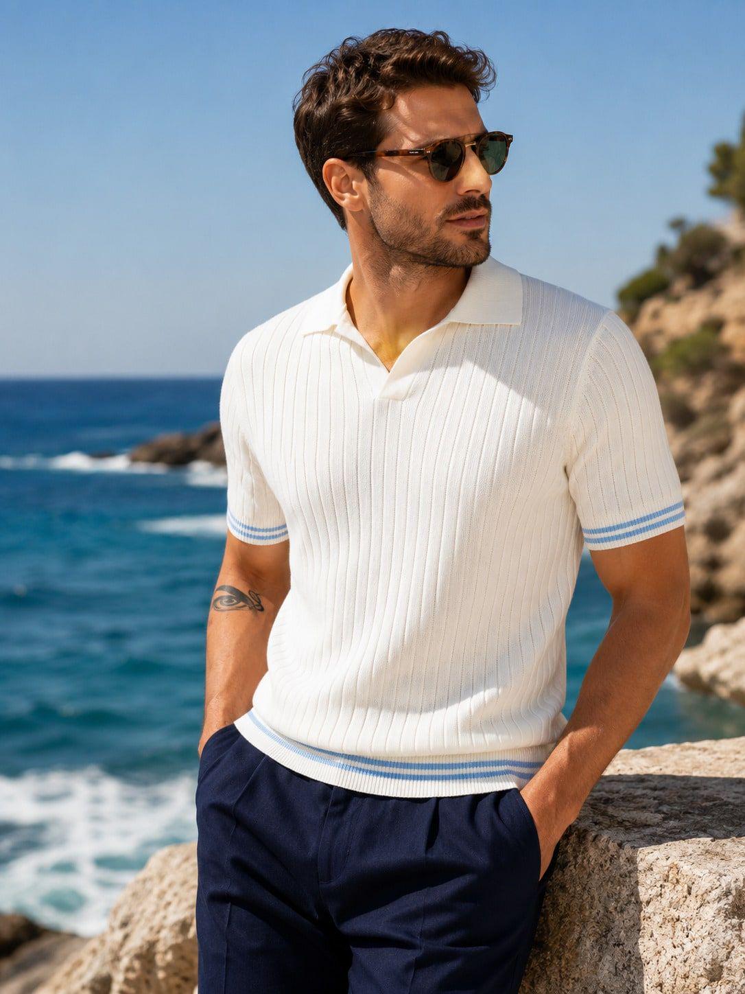 Men's Lapel V‑Neck Short‑Sleeve Knit Polo Sweater
