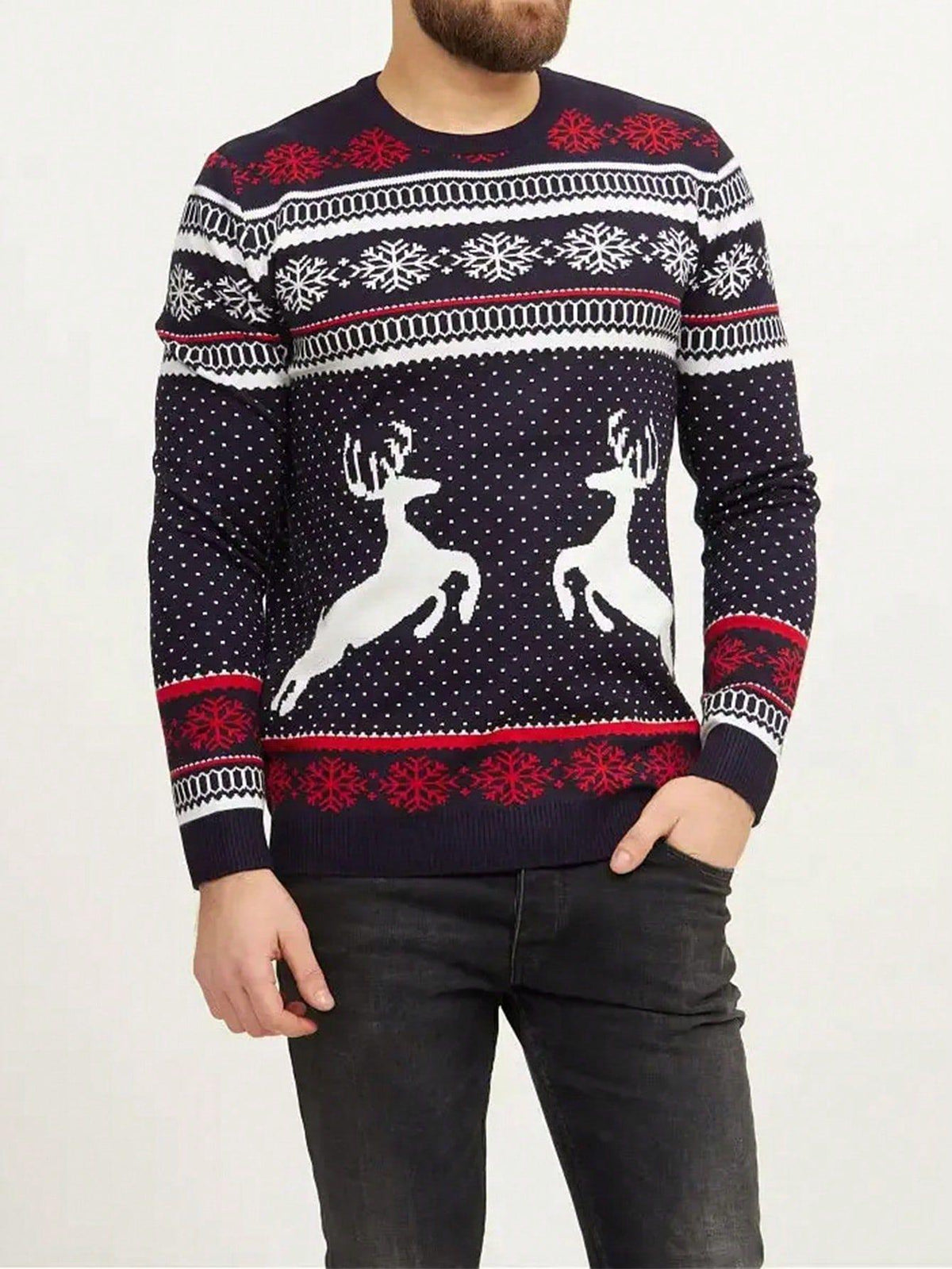 Men'S Christmas Reindeer Snowflake Crew Neck Sweater