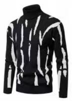 Black-White Abstract Stripe Turtleneck Men’s Knit Sweater
