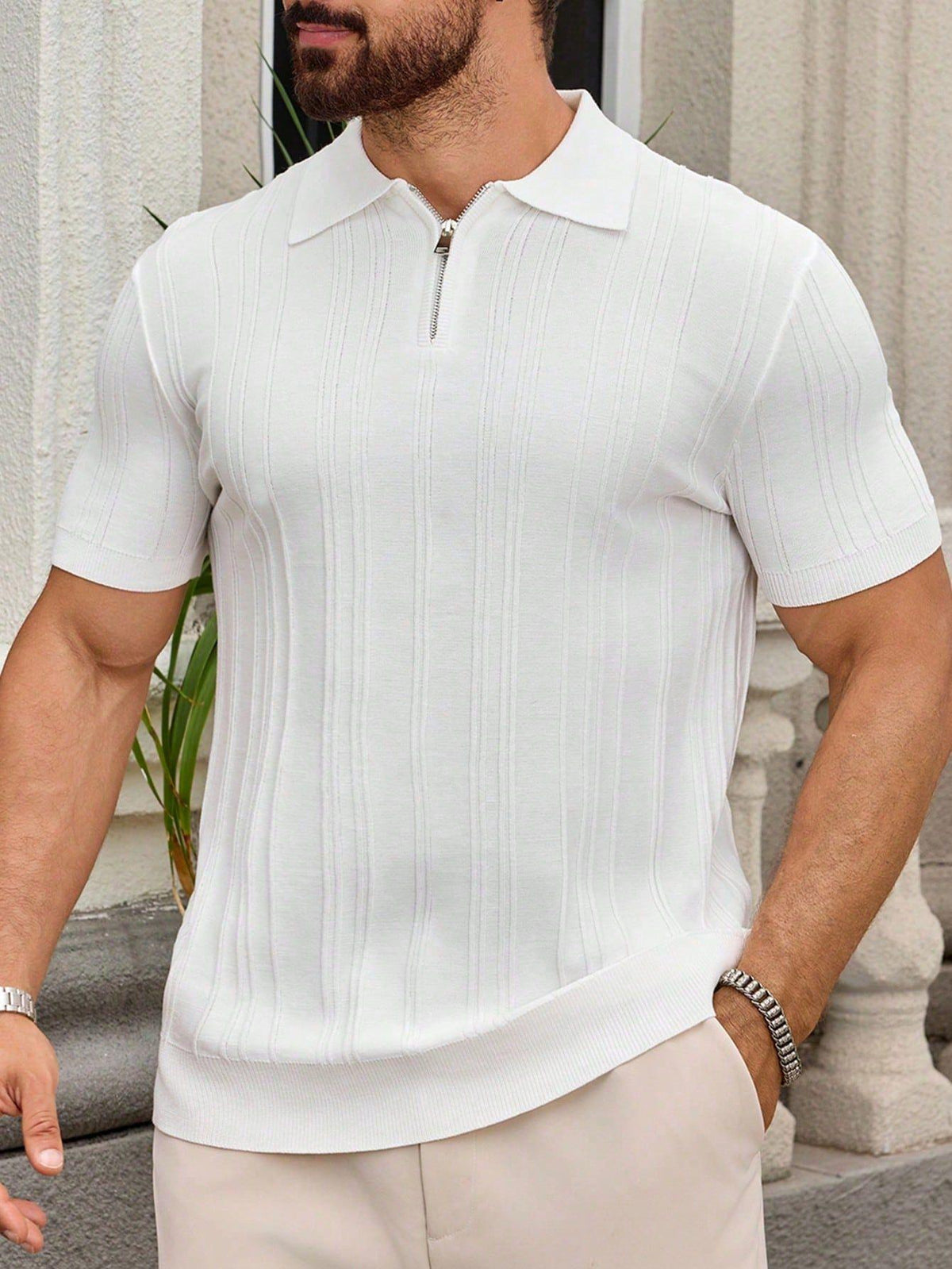 Men's Quarter‑Zip Vertical Ribbed Short‑Sleeve Knit Polo