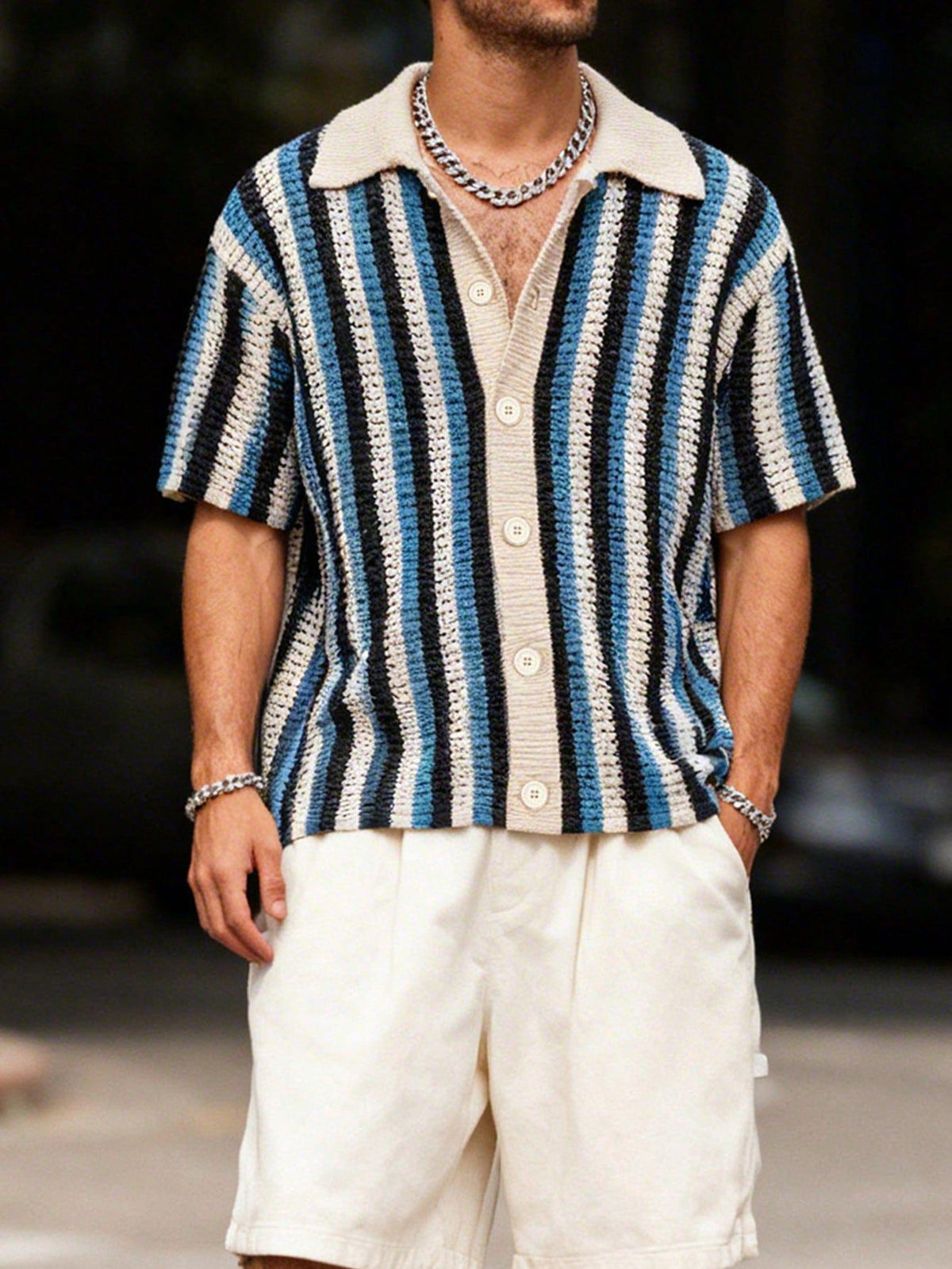 Men's Striped Lapel Button‑Up Short‑Sleeve Knit Top