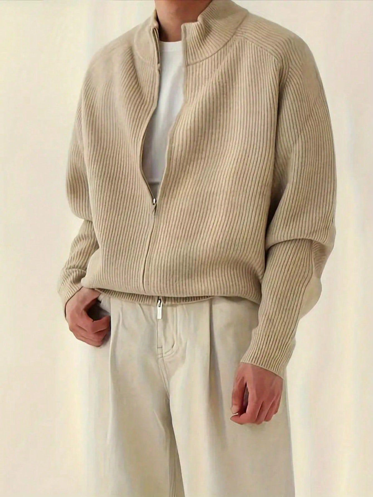 Men'S Full‑Zip Ribbed Stand Collar Knit Cardigan Sweater