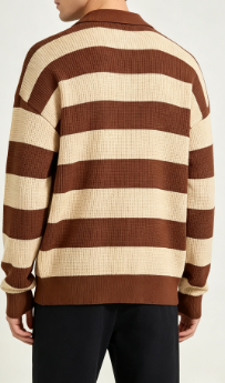 Brown Beige Stripe Men’s Knit Polo Sweater