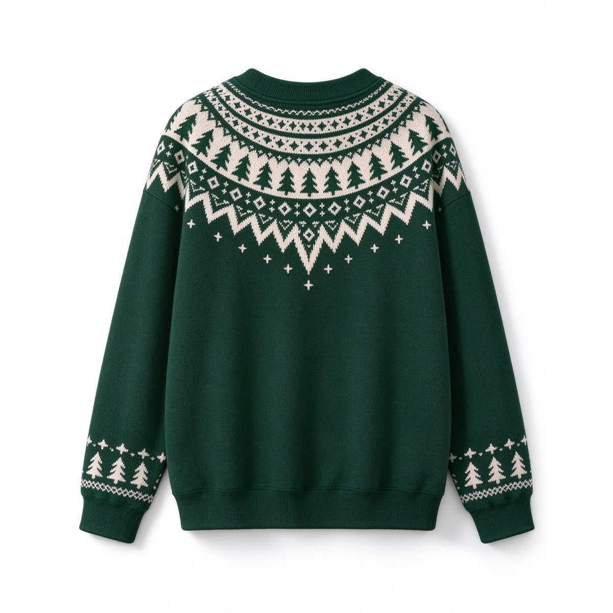 Forest Green Fair Isle Christmas Tree Crew Neck Knit Sweater, Vintage Nordic Winter Holiday Sweater - back