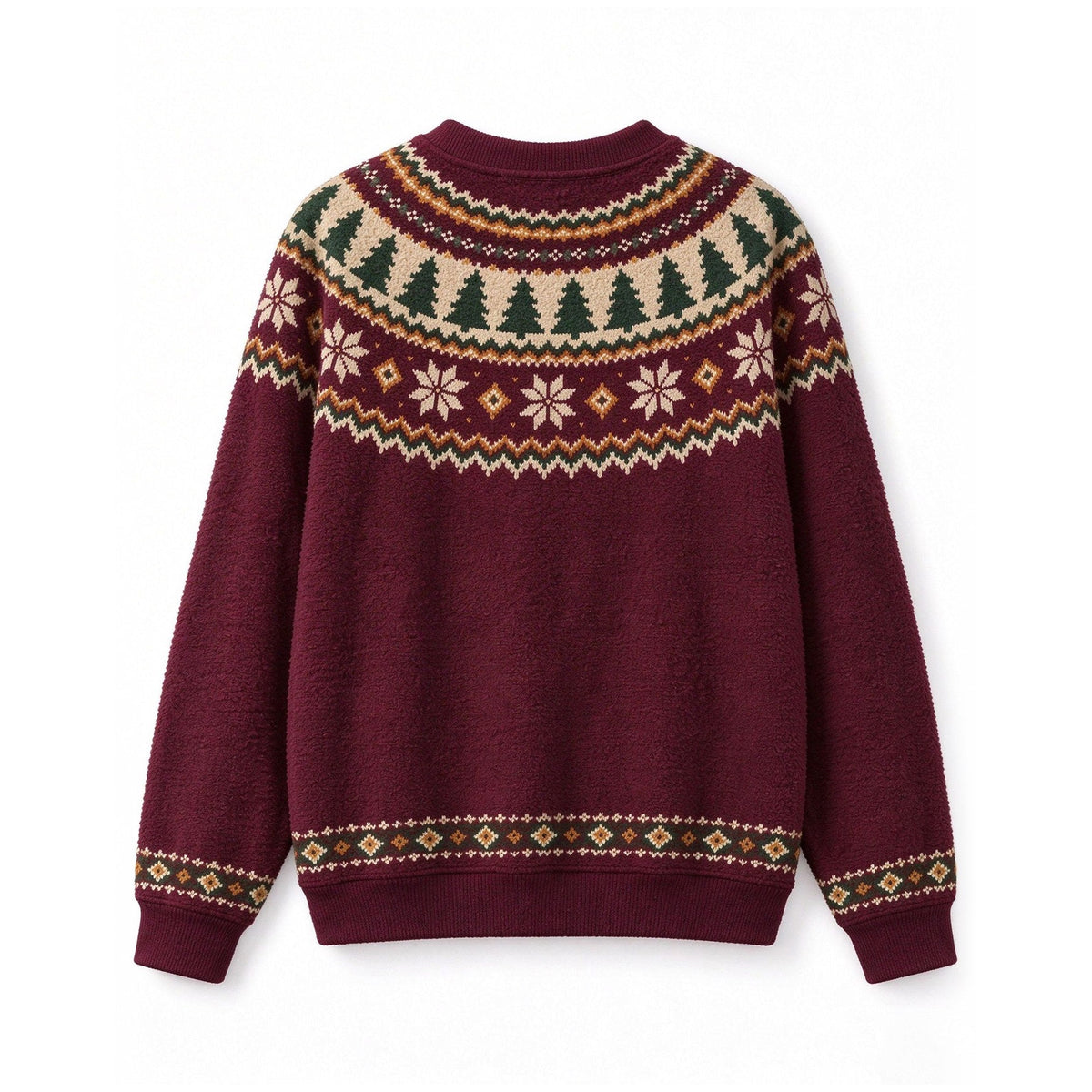 Burgundy Fair Isle Nordic Christmas Tree Snowflake Crew Neck Sweater - back