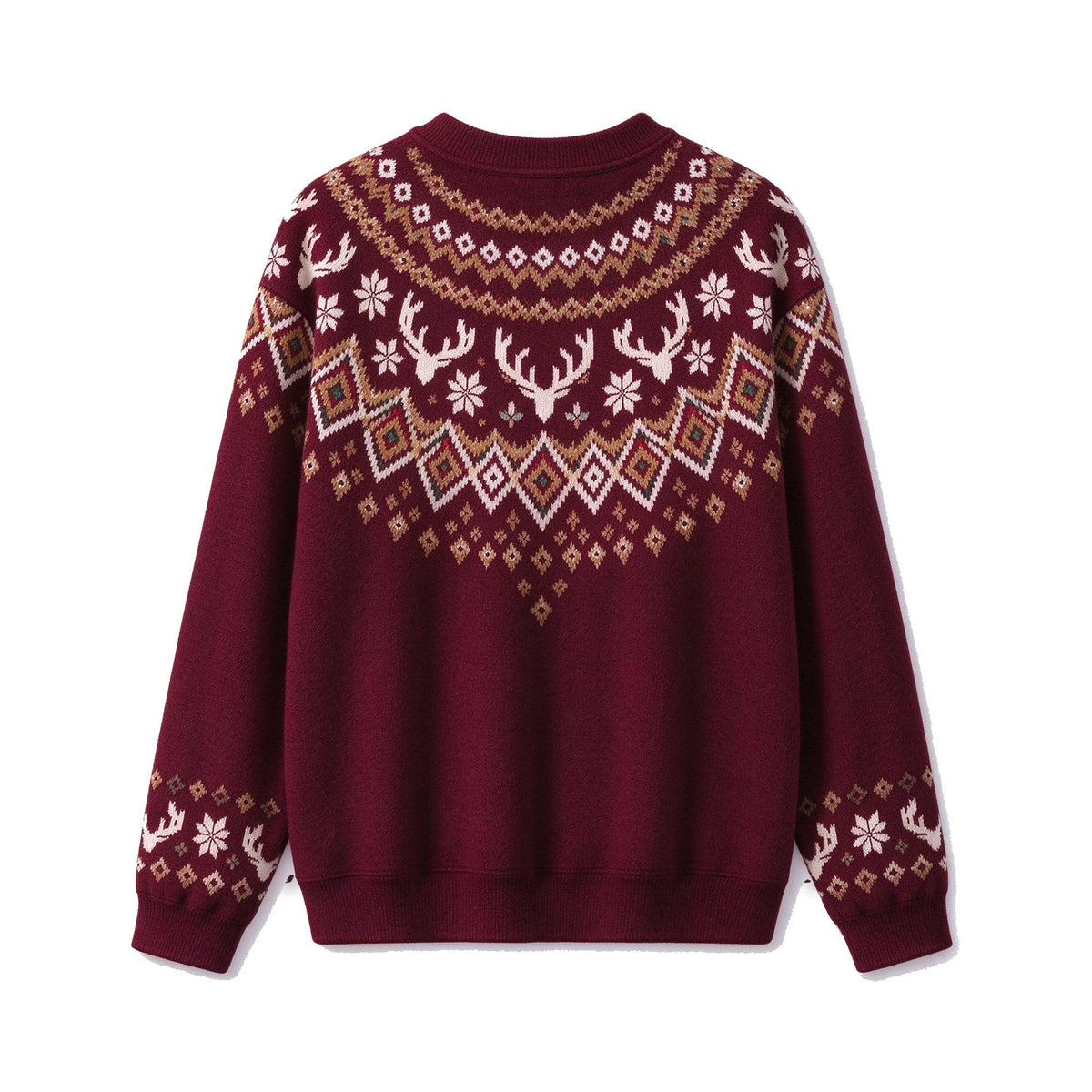 Burgundy Fair Isle Christmas Reindeer Crew Neck Knit Sweater, Vintage Nordic Winter Holiday Sweater - back
