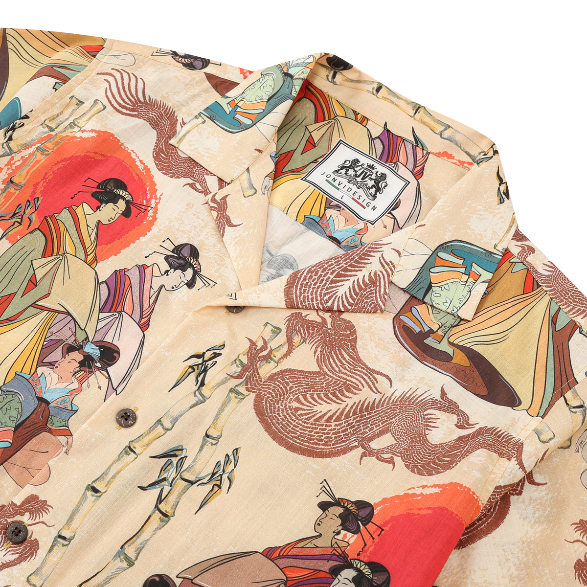 Ukiyo-e Japanese Women Printed Camp Collar Short Sleeve Shirt