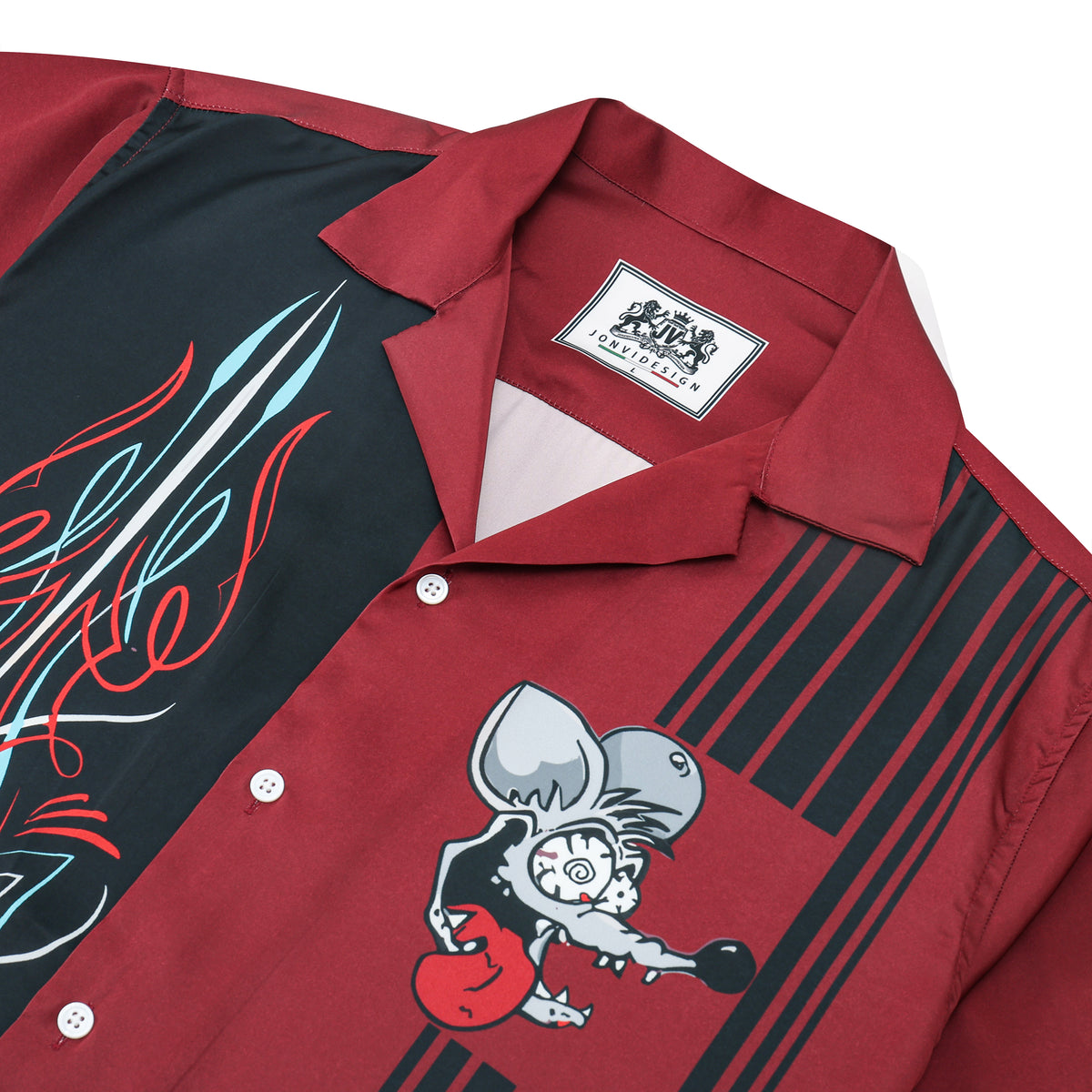 Dark Red Mouse Print Camp Collar Short Sleeve Shirt