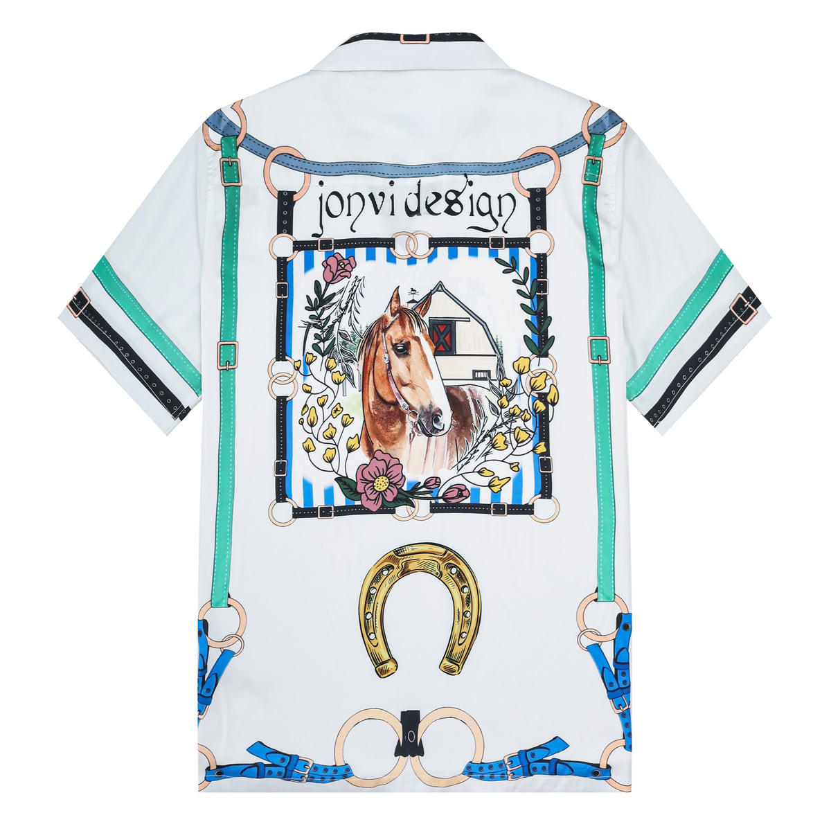 Horse Floral Pattern Camp Collar Casual Shirt for Men