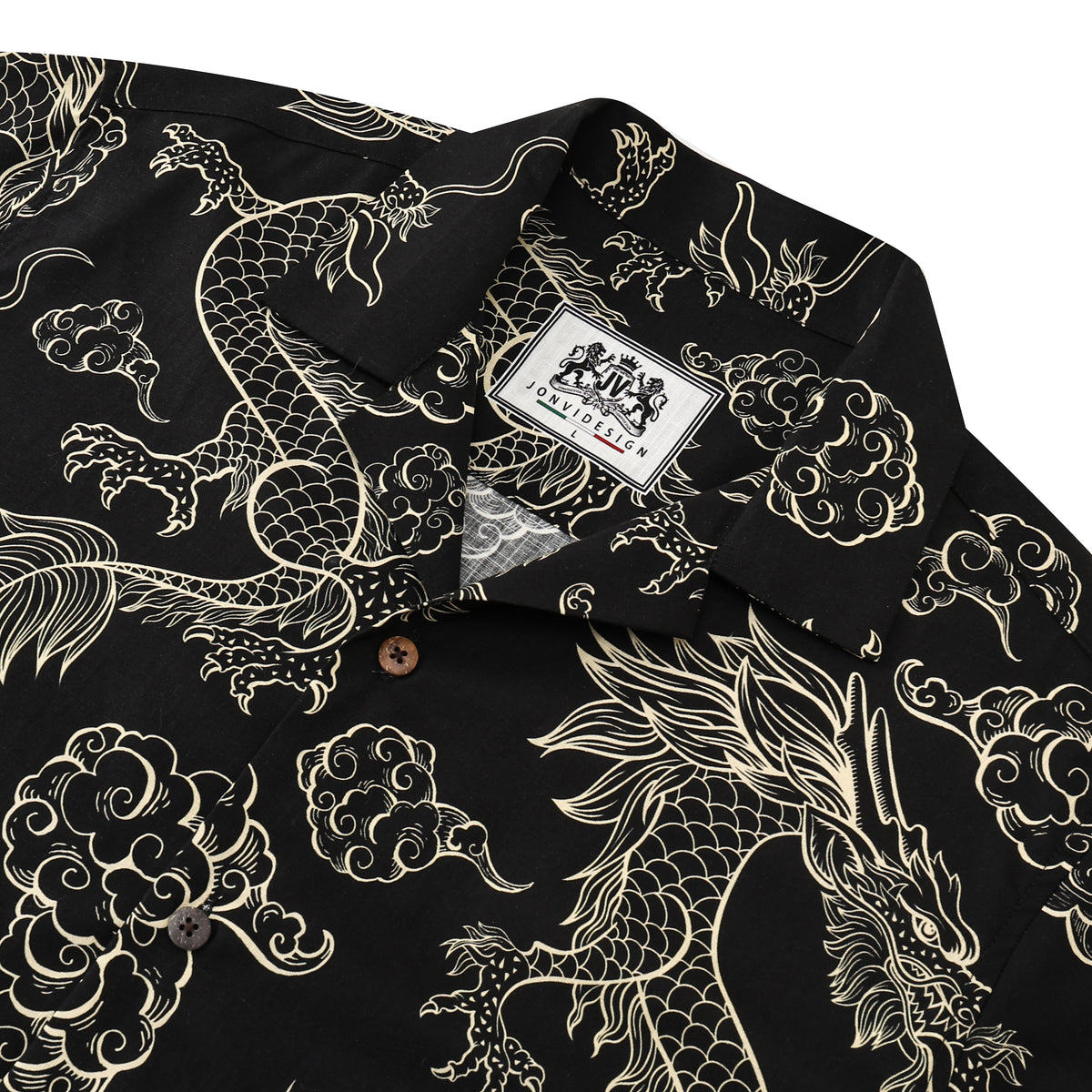 Dragon Pattern Button Short Sleeve Shirt in Black