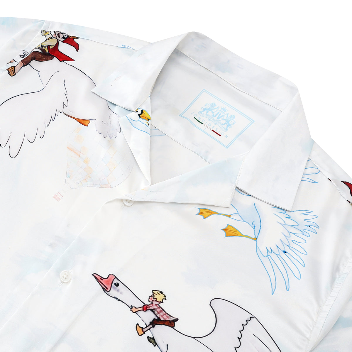 Red-crowned Crane Print Short Sleeve Camp Collar Shirt