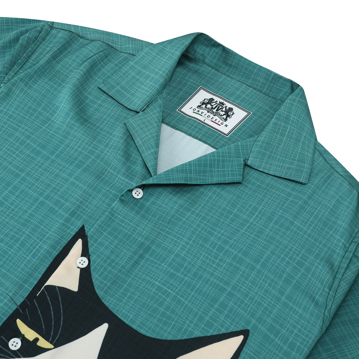 Cat Drinking Red Wine Print Camp Collar Short Sleeve Shirt