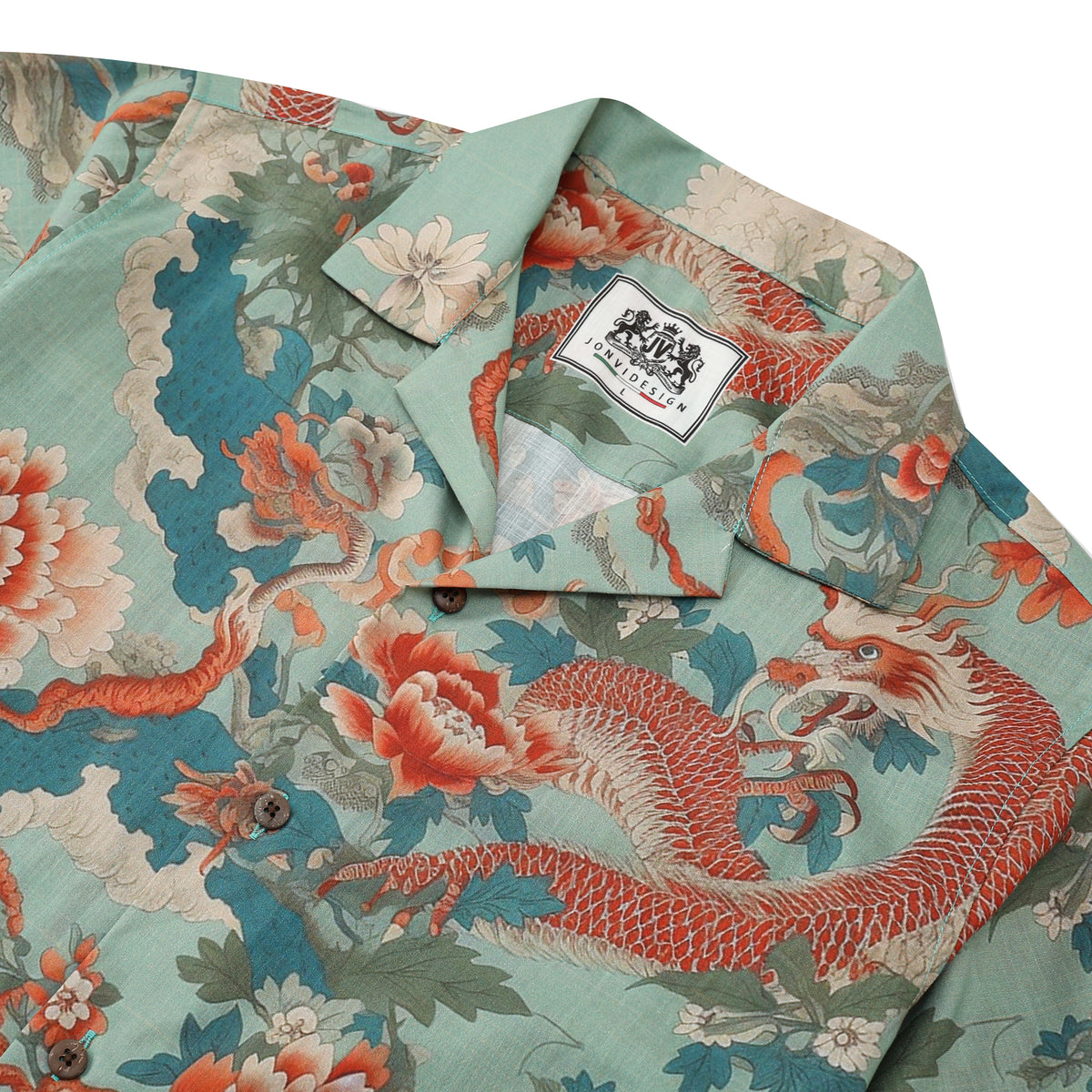 Ukiyo-e Gragon Floral Pattern Camp Collar Short Sleeve Shirt