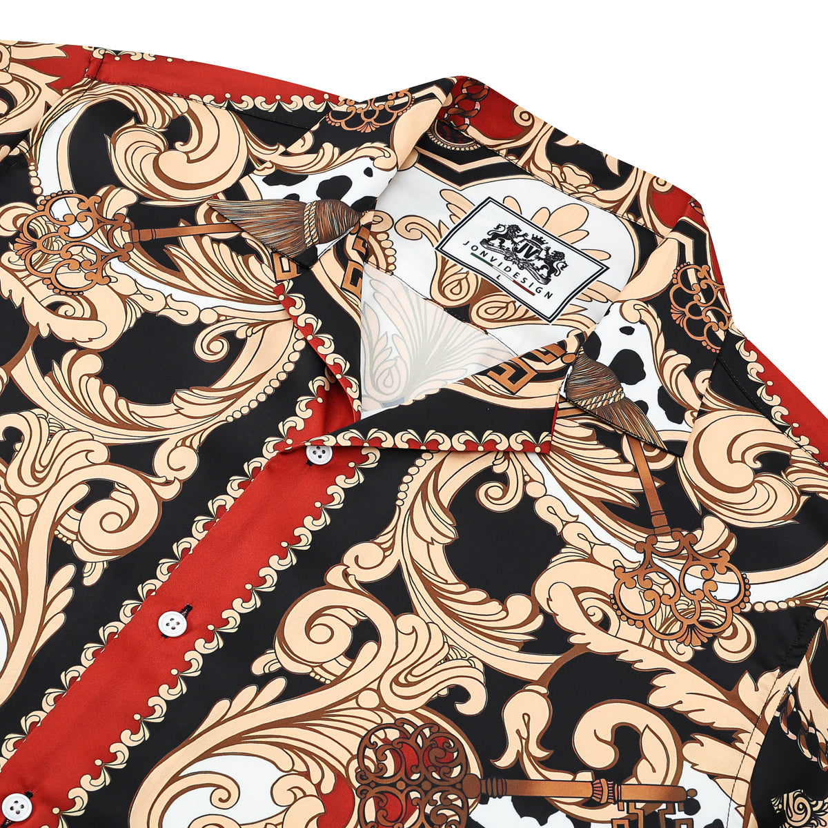 Red Baroque Pattern Camp Collar Casual Shirt for Men Jonvidesign
