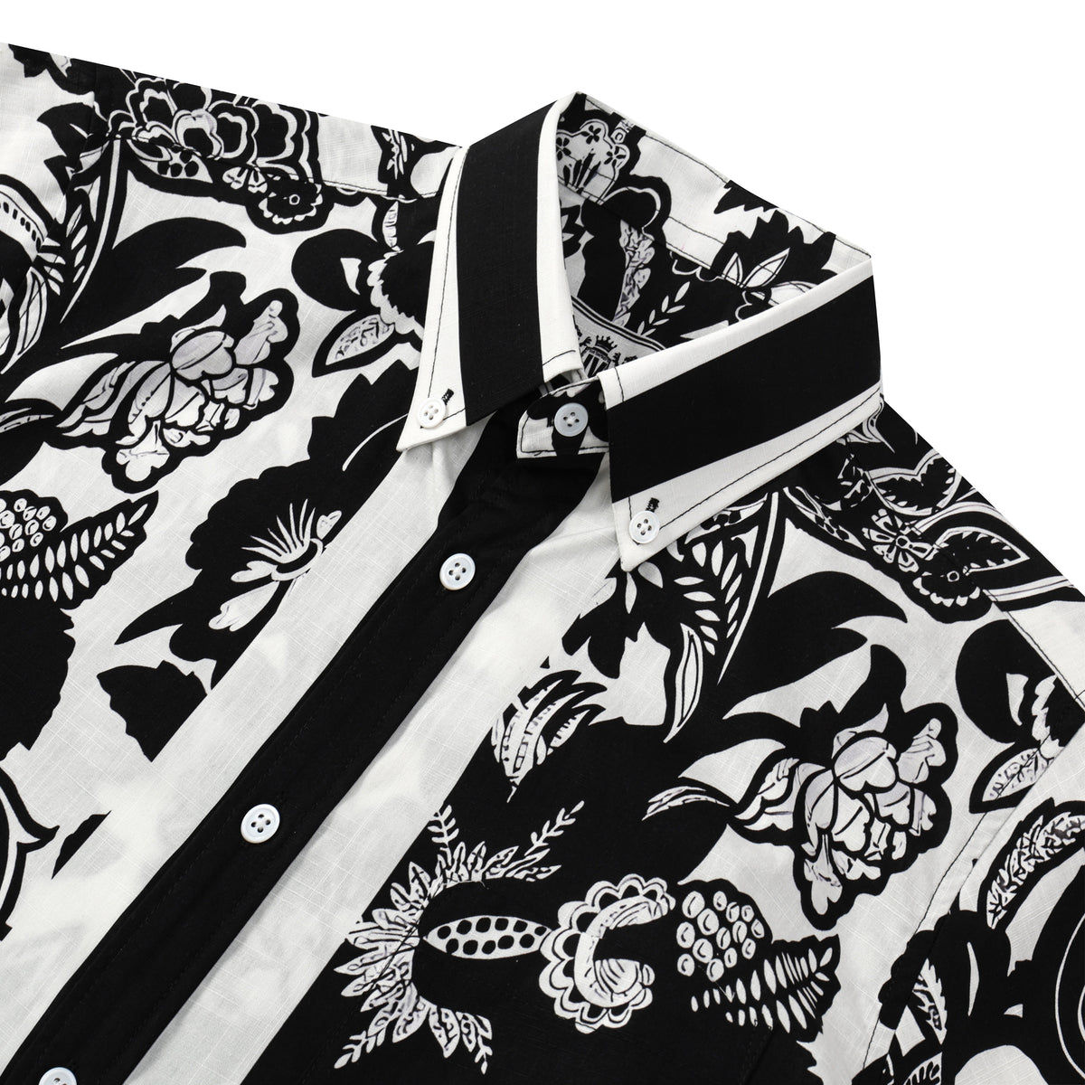 Black Flower Pattern Button Short Sleeve Shirt