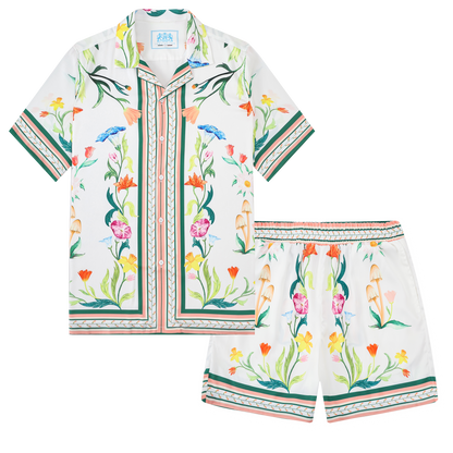 Green Floral Pattern Camp Collar Casual Shirt