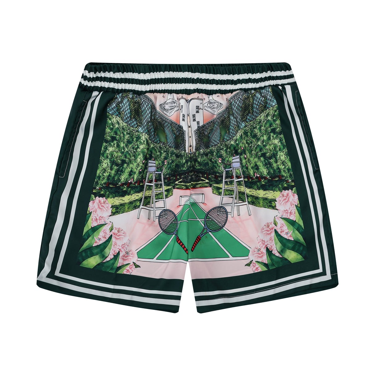 Tennis Court Cat Pattern Silk Fiber Waistband Shorts