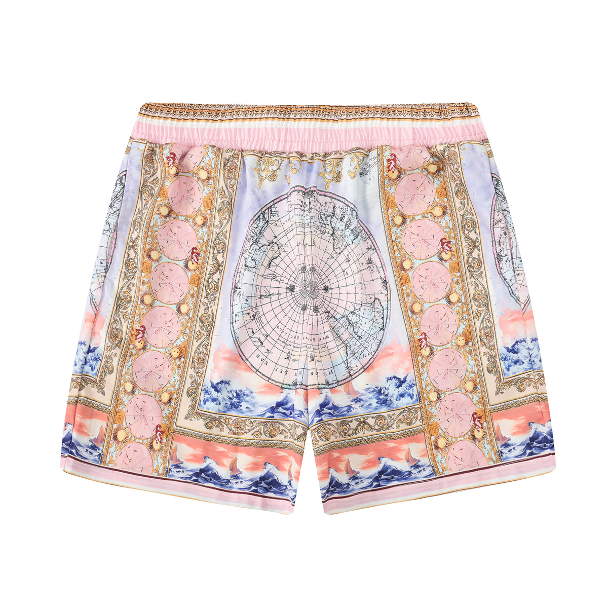 Baroque Globe Pattern Printed Waistband Shorts