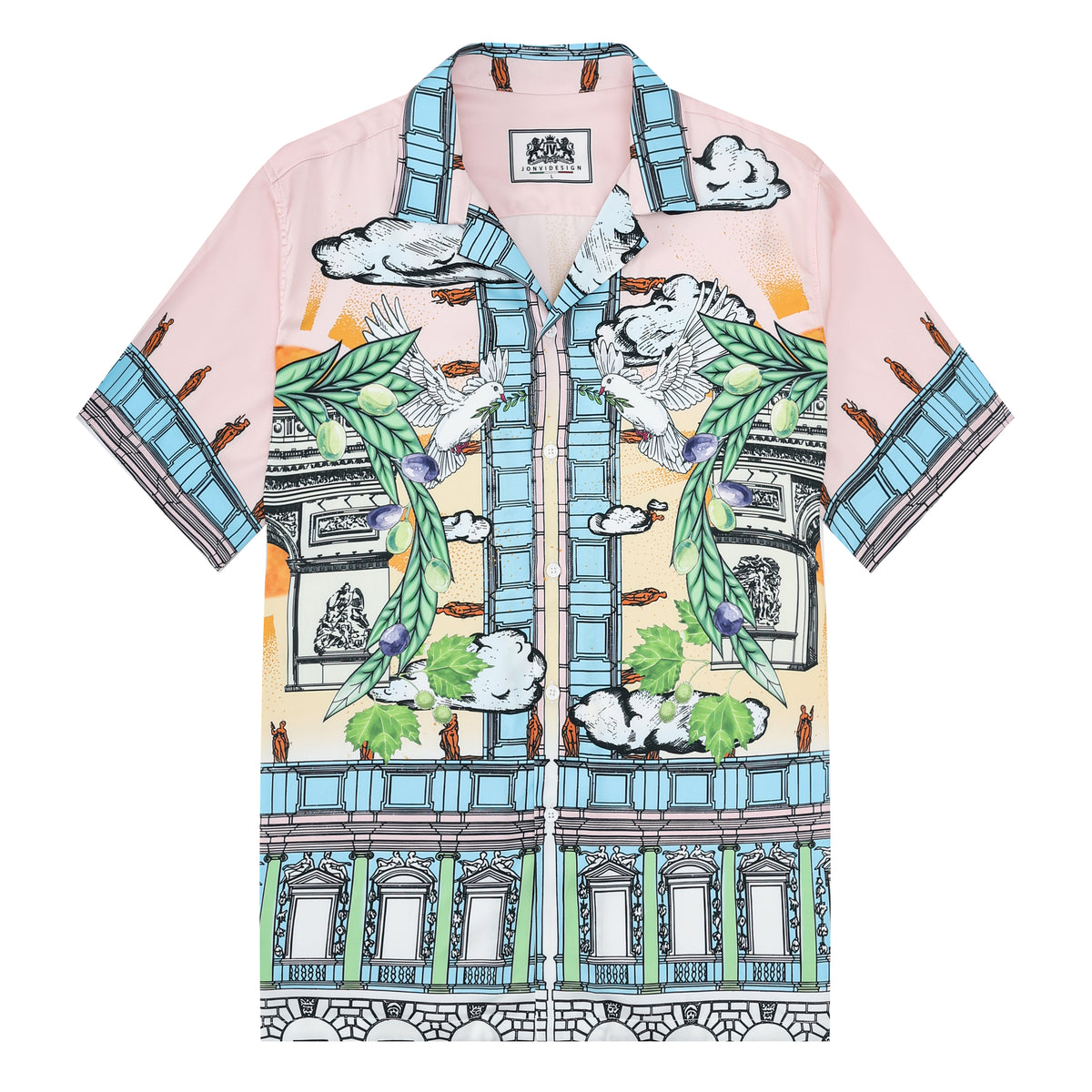 Arc De Triomphe Peace Dove Camp Collar Short Sleeve Shirt
