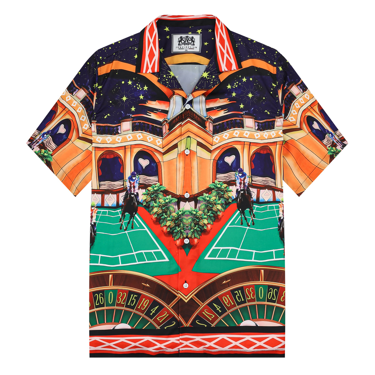 Starry Horse Racing Pattern Silk Fiber Short Sleeve Camp Collar Shirt
