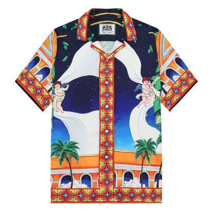 Olive Branch Arched Door Pattern Camp Collar Casual Shirt