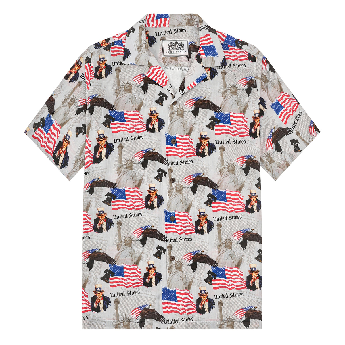 American Eagle Statue of Liberty Pattern Camp Collar Short Sleeve Shirt