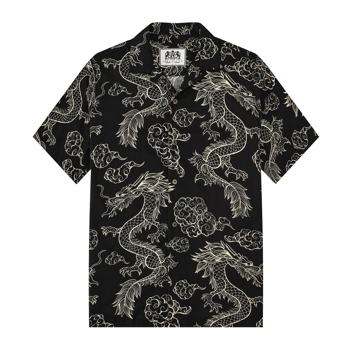Dragon Pattern Button Short Sleeve Shirt in Black
