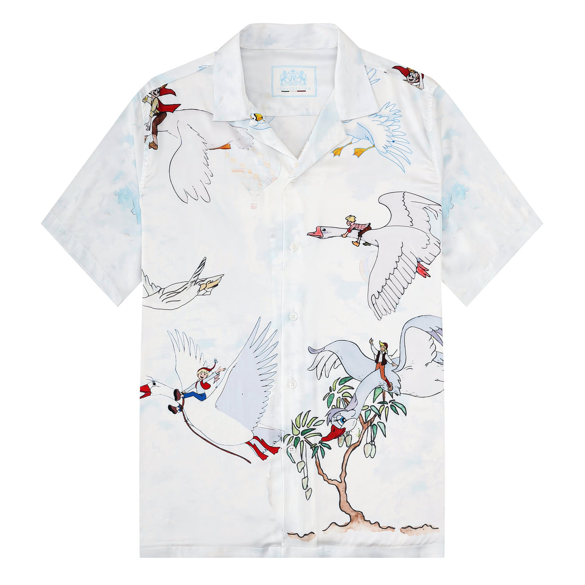 Red-crowned Crane Print Short Sleeve Camp Collar Shirt