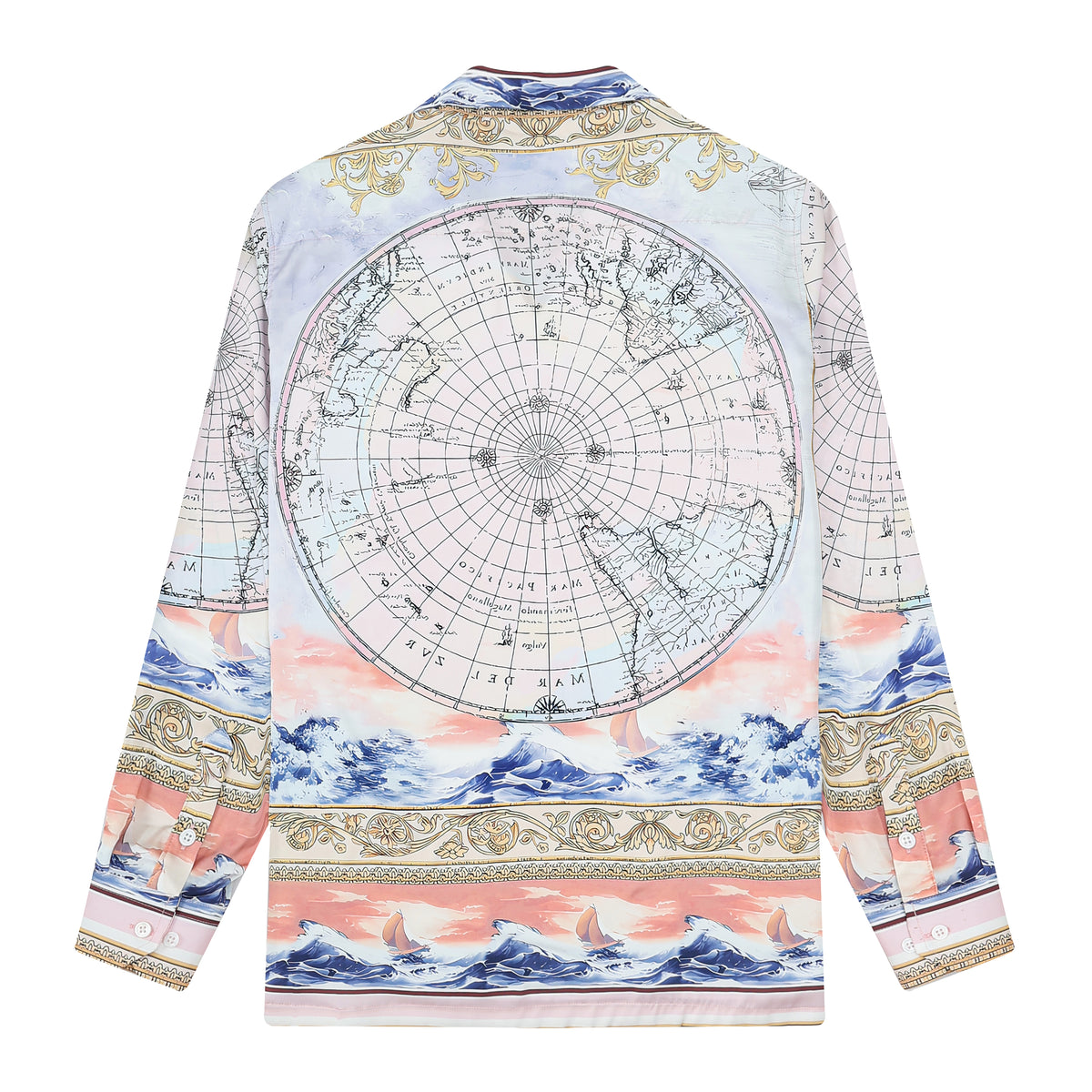 Baroque Globe Pattern Print Camp Collar Long Sleeve Shirt