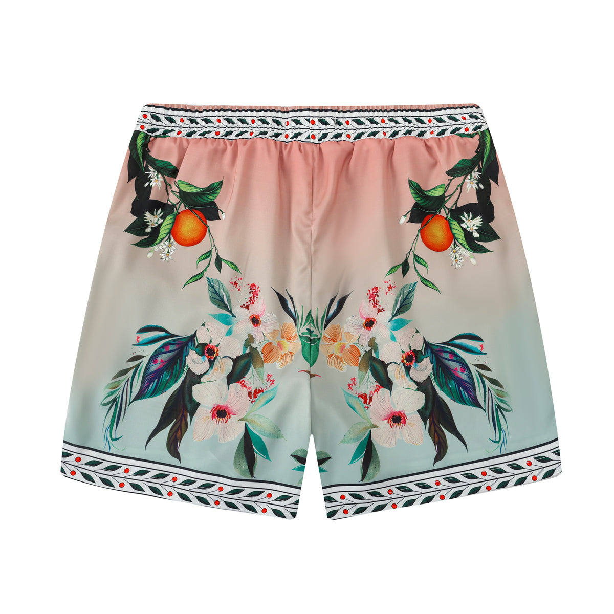 Orange Floral Pattern Silk Fiber Waistband Shorts