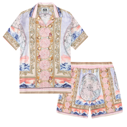 Baroque Globe Pattern Print Short Sleeve Camp Collar Shirt