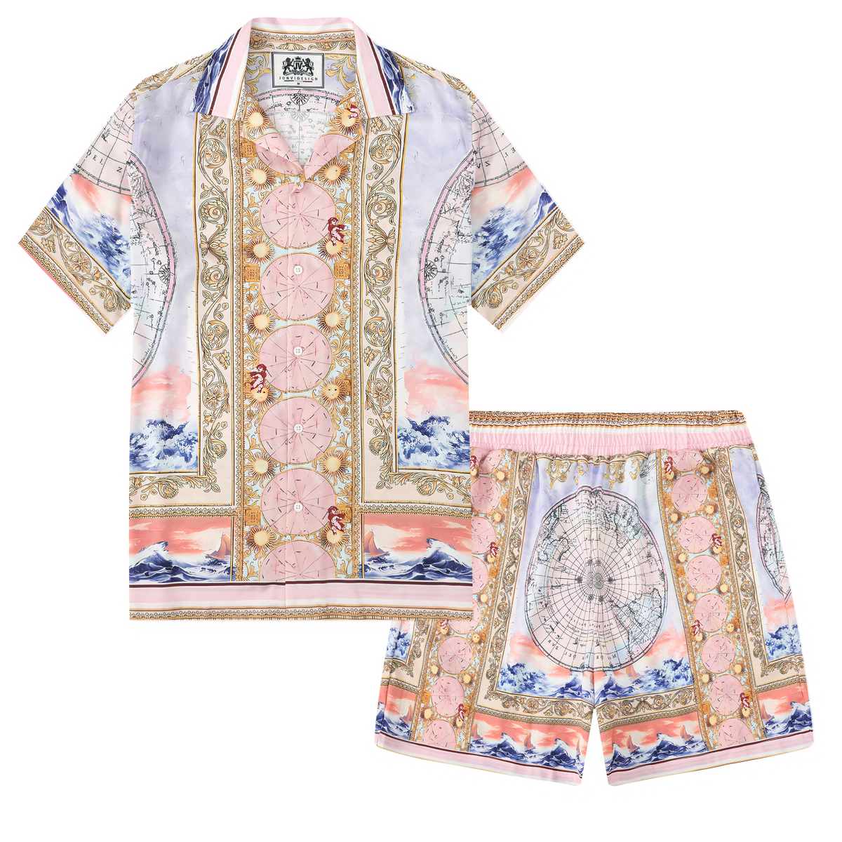 Baroque Globe Pattern Printed Waistband Shorts