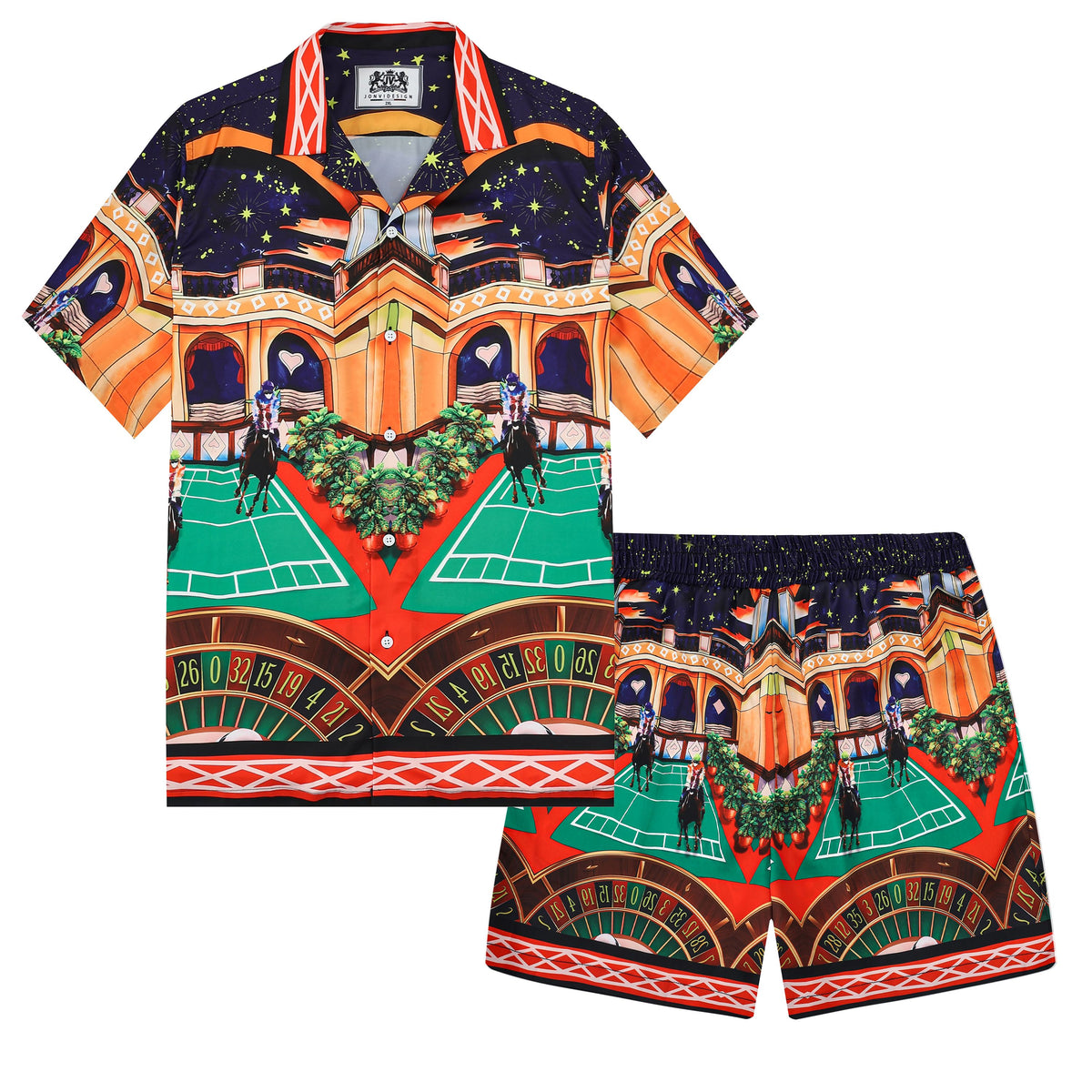 Starry Horse Racing Pattern Silk Fiber Short Sleeve Camp Collar Shirt