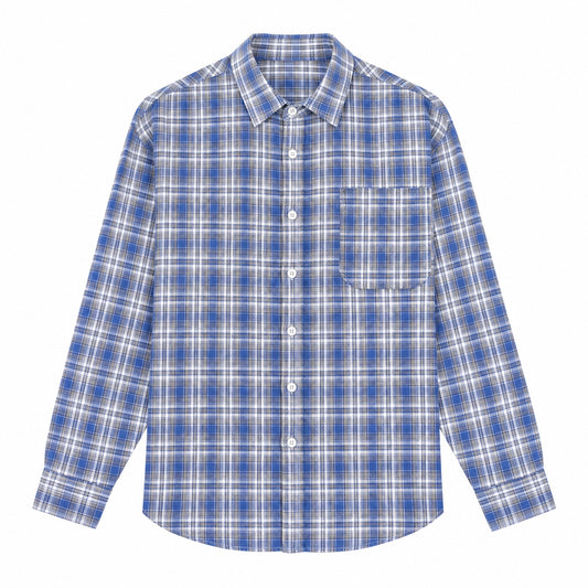 Men's Blue Plaid Loose Casual Long-Sleeved Shirt
