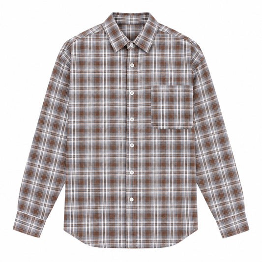 Men's Brown  Checkered Loose Casual Long-Sleeved Shirt