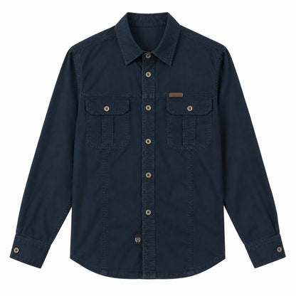 Men's Deep Blue Cotton Long-Sleeved Jacket