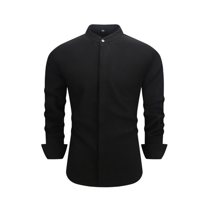 Men's  collar button-down shirt with hidden front opening, cotton-like texture long-sleeved shirt, loose and casual men's clothing wholesale