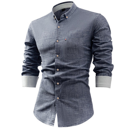 Cotton and linen men's long-sleeved shirt, solid color button-down men's shirt, breathable casual shirt
