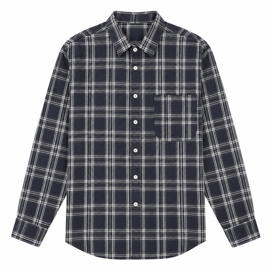 Men's light black plaid loose casual long-sleeved shirt