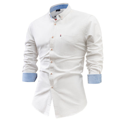 Cotton and linen men's long-sleeved shirt, solid color button-down men's shirt, breathable casual shirt