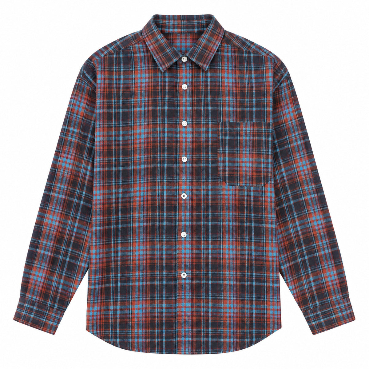 Men’s red and blue plaid loose-fit casual long-sleeve shirt